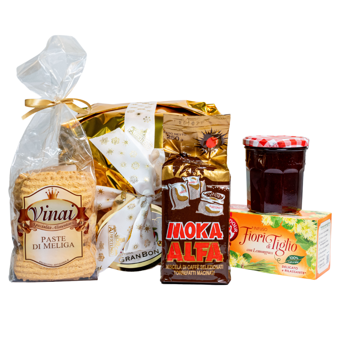 Caffè 250g + panettone 1kg + marmellata + biscotti + tisana
